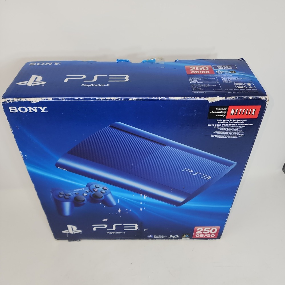 Sony Playstation 3 PS3 Super Slim 250 GB Azurite Blue Console w Box *Low Hours*